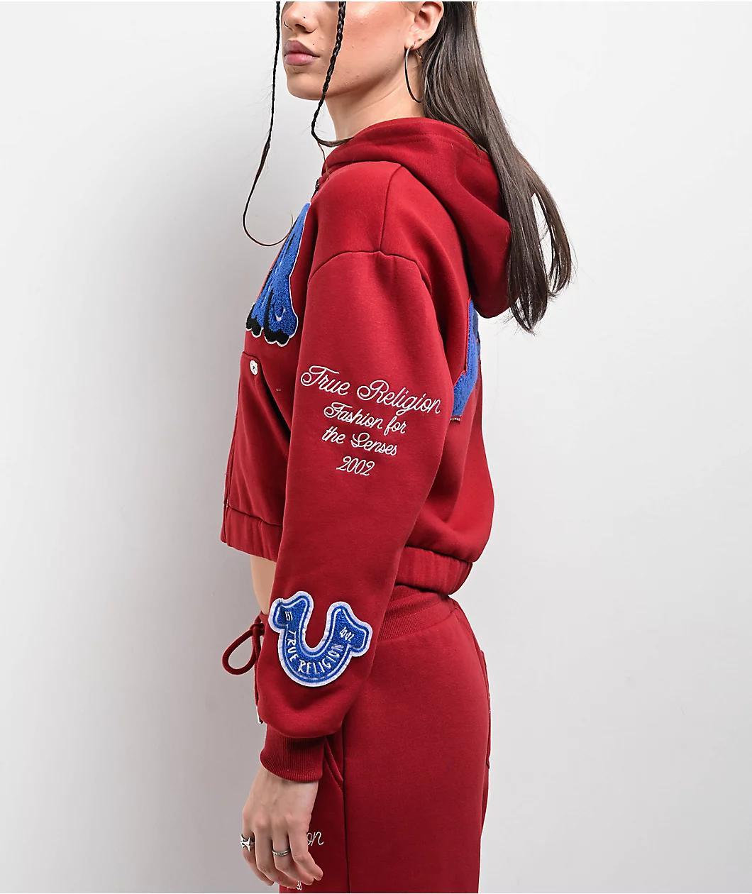 True Religion Crystal Patch Varsity Red Dahlia Crop Zip Hoodie Product Image