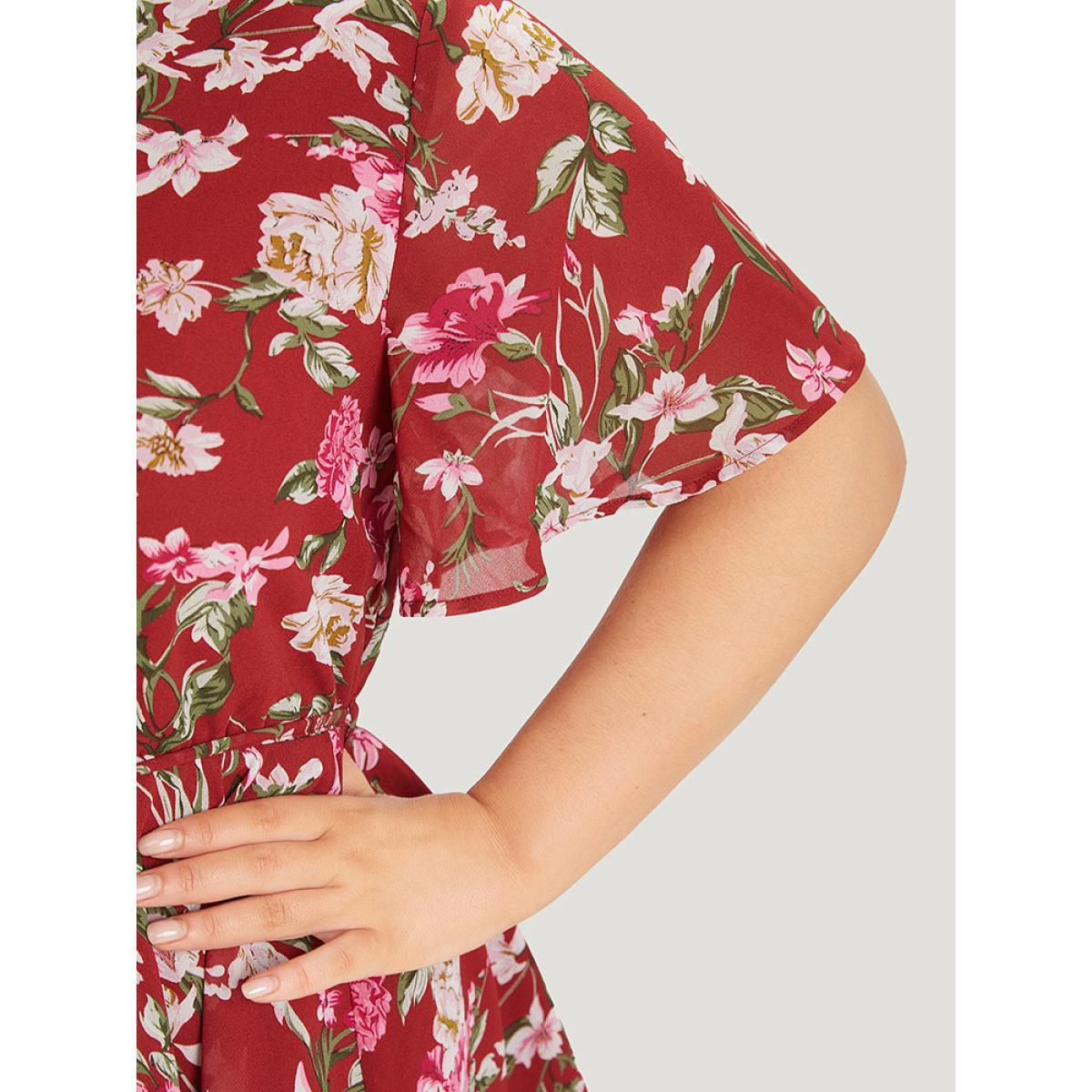 Plus Size Scarlet Floral Wrap Ruffle Sleeve Ties Blouse Women Elegant Short sleeve V-neck Dailywear Blouses BloomChic 14-16/1X Product Image