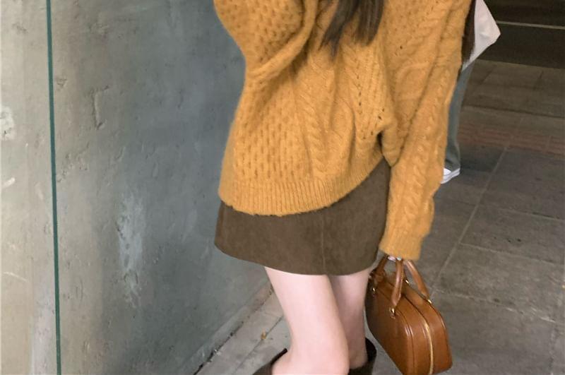 V-Neck Plain Cable Knit Sweater Product Image