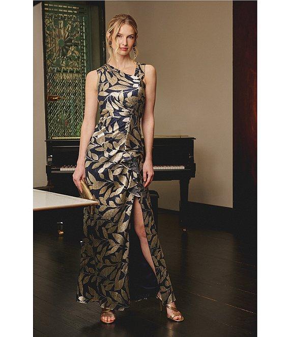Adrianna Papell Metallic Asymmetrical Neck Sleeveless Gown Product Image
