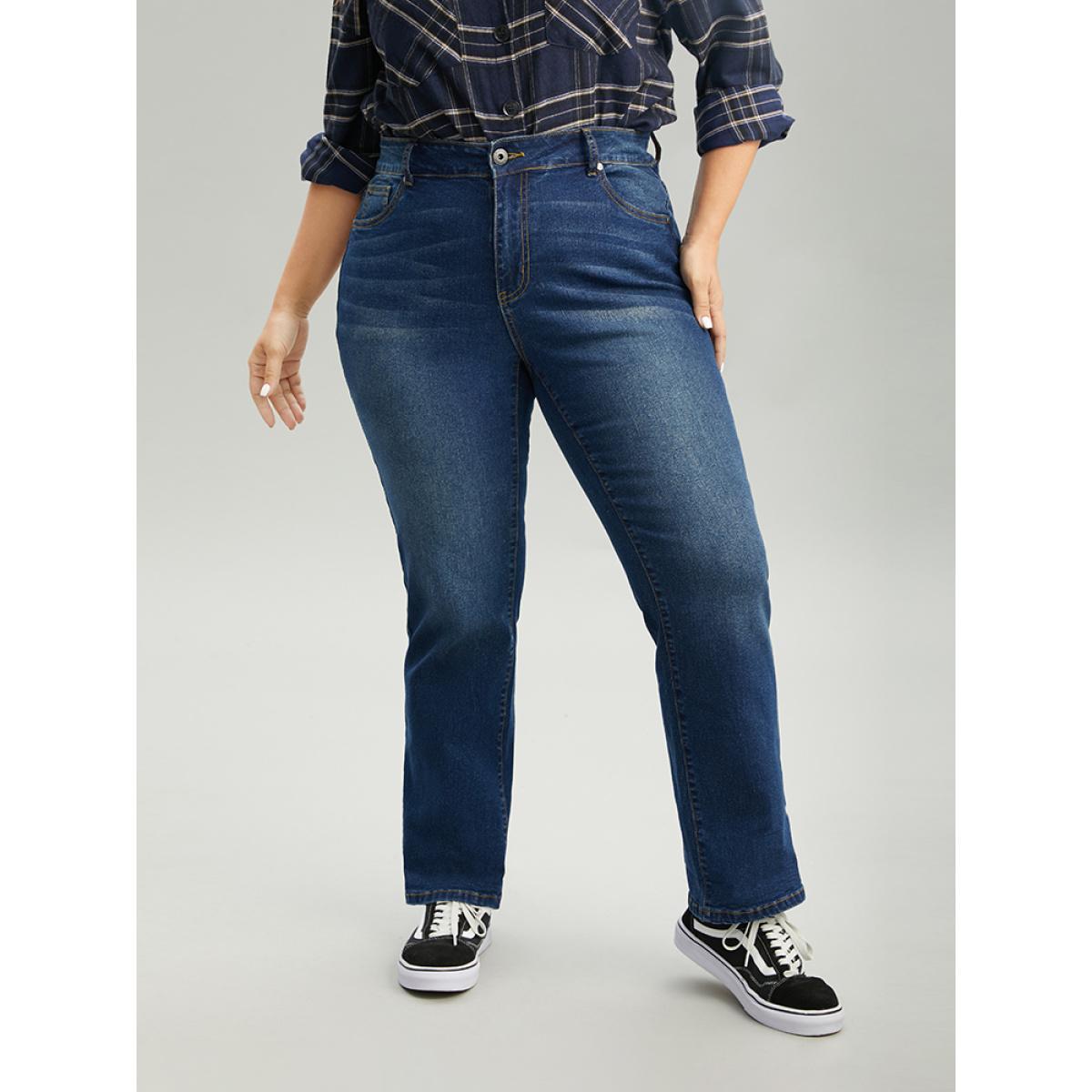 Plus Size Straight Leg Zipper Roll Hem Dark Wash Jeans Women DarkBlue Casual Plain Plain High stretch Pocket Jeans BloomChic 26/4X Product Image