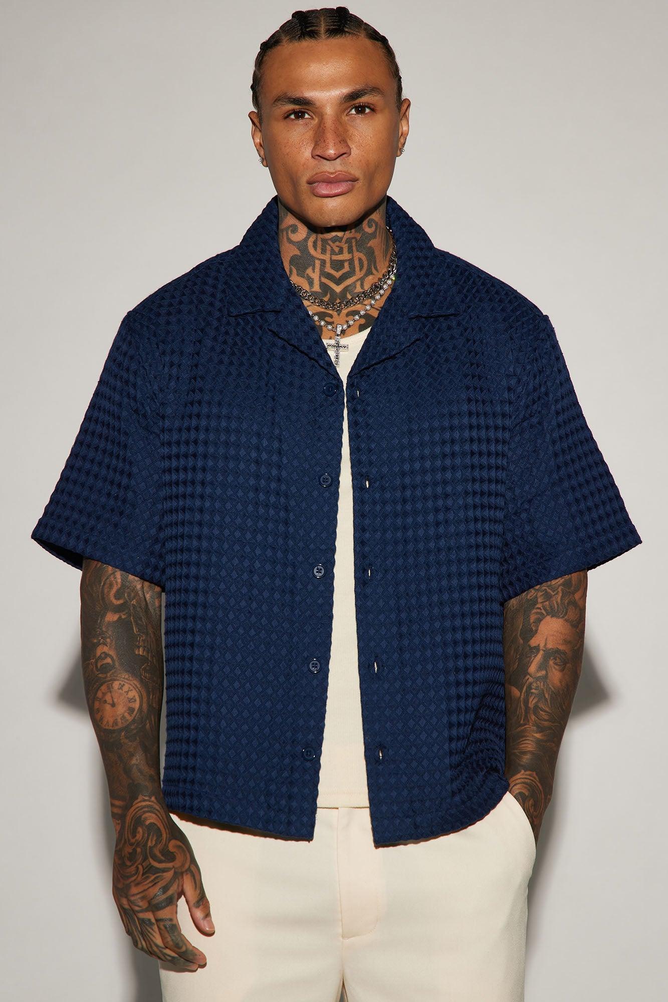 Waffle Knit Textured Button Up Shirt - Blue Product Image