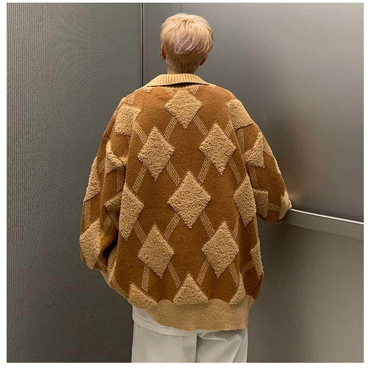 Collared Diamond Pattern Zip Up Cardigan Product Image