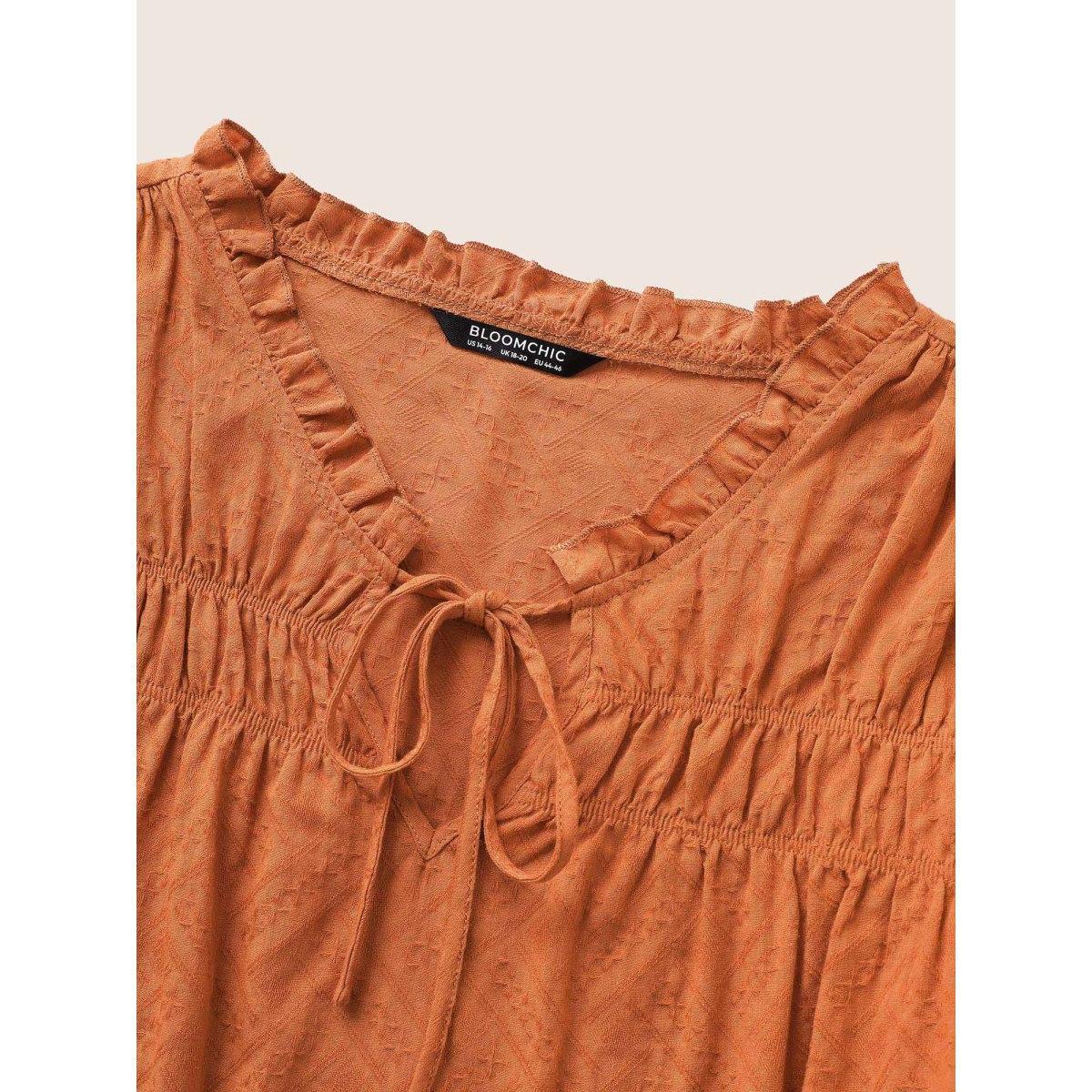 Plus Size OrangeRed Texture Tiered Ruffles Gathered Frill Trim Blouse Women Casual Short sleeve Notched collar Everyday Blouses BloomChic 12/L Product Image