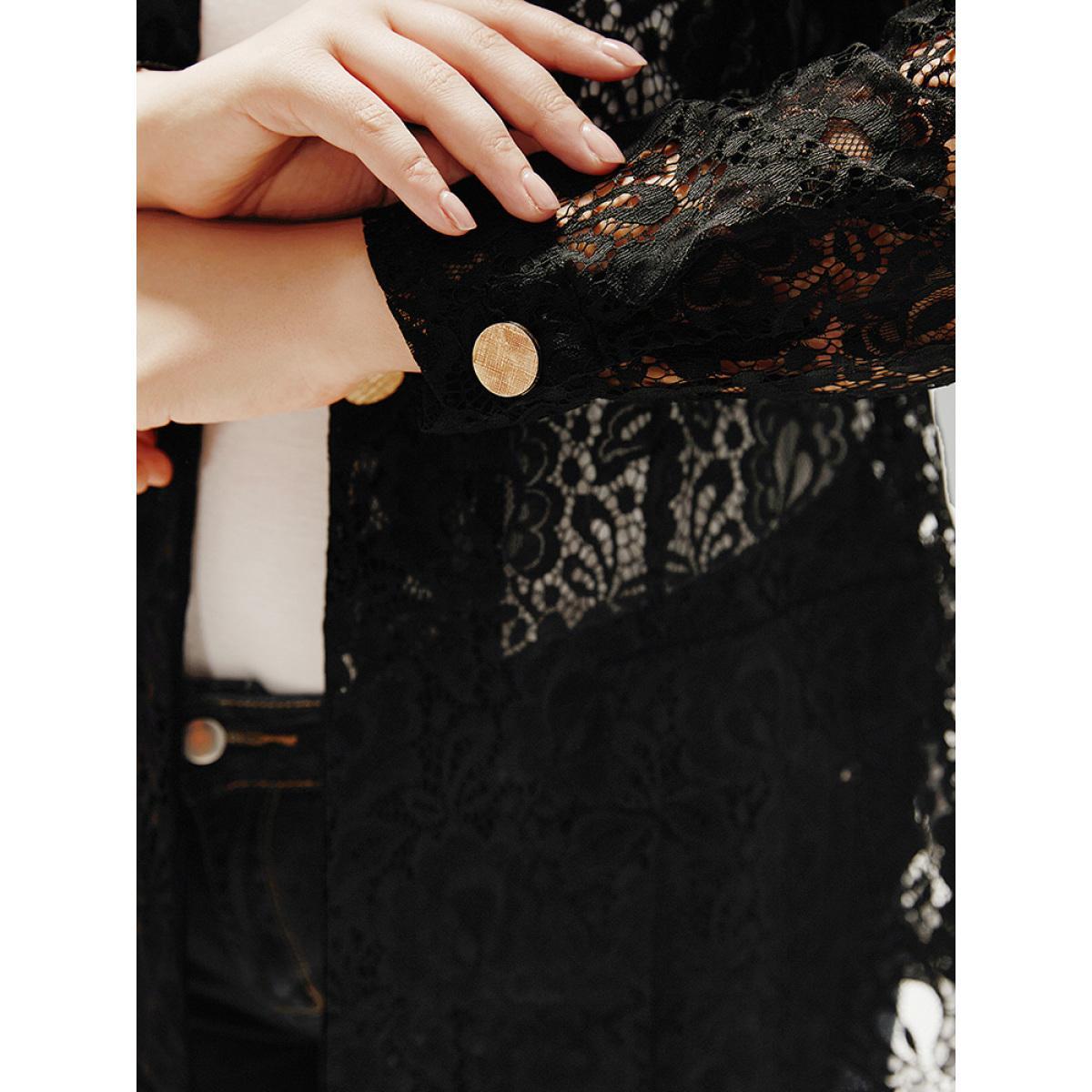 Plus Size Halloween Plain Lapel Collar Pocket Lace Buckle Detail Blazer Black Women Work Plain Lace Sleeve Long Sleeve Lapel Collar 10/M Pocket Office Blazers BloomChic Product Image
