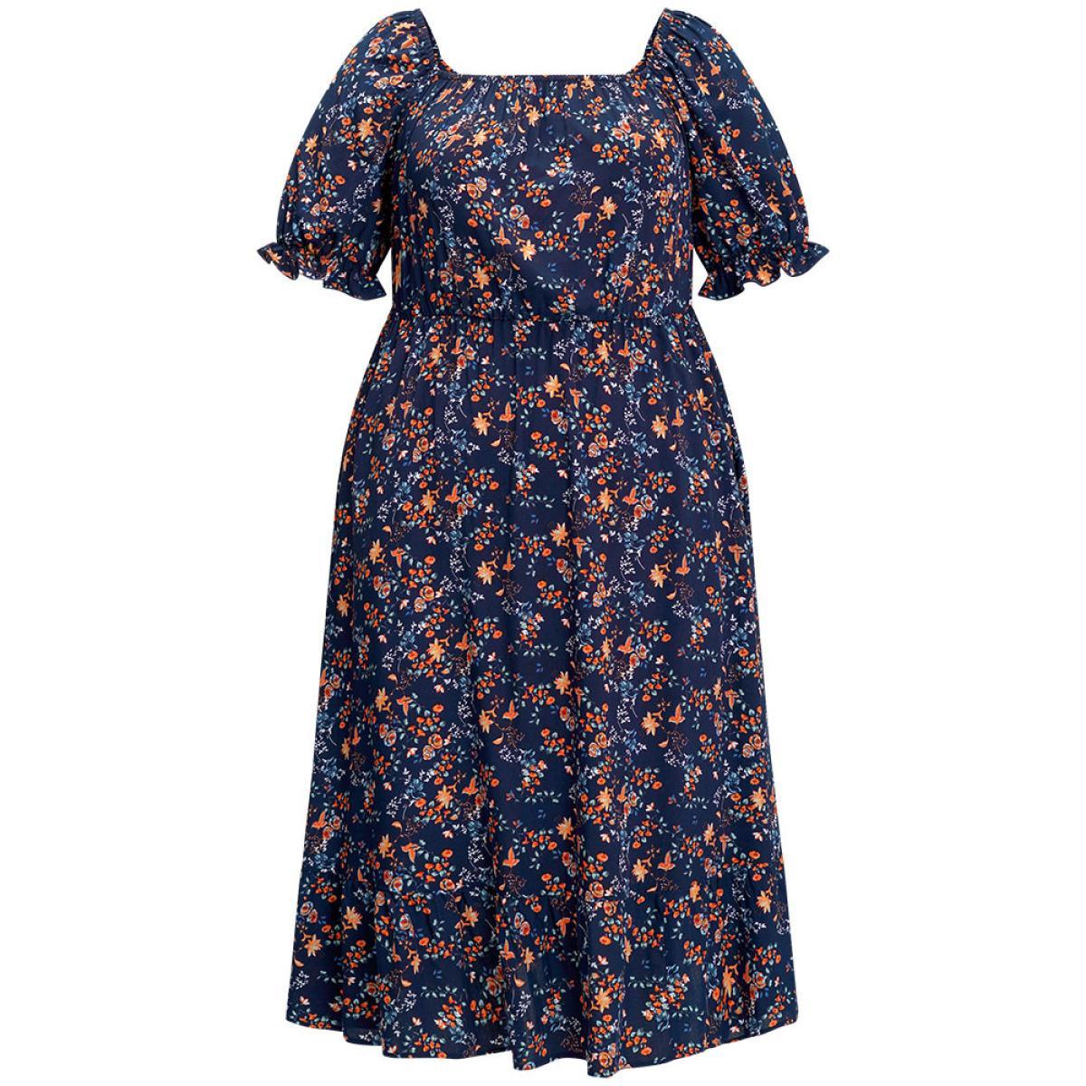 Plus Size Floral Puff Sleeve Pocket Elastic Waist Square Neck Dress DarkBlue Women Elegant Elastic Waist Spaghetti Strap Sleeveless Curvy Midi Dress BloomChic 28/5X Product Image