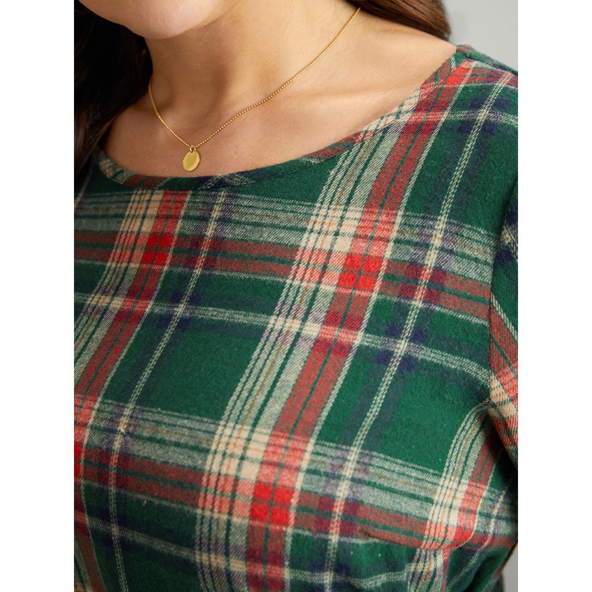 Plus Size DarkGreen Christmas Plaid Ties Lantern Sleeve Blouse Women Elegant Long Sleeve Round Neck Festival-Christmas Blouses BloomChic 10/M Product Image