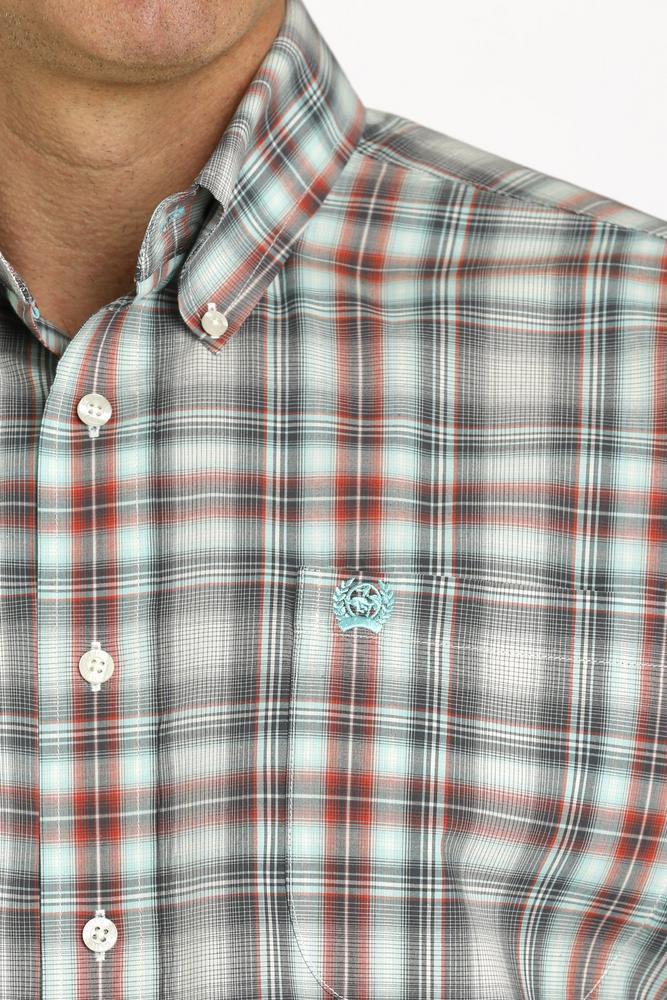 Cinch® Men's S/S Cream/Charcoal/Red Plaid Button Shirt Product Image