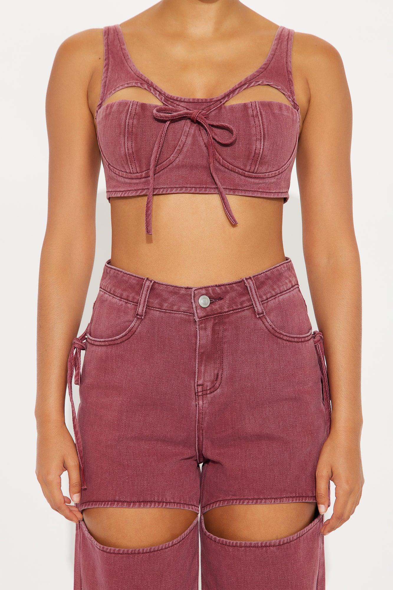 Cut It Out Denim Pant Set - Burgundy Female Product Image