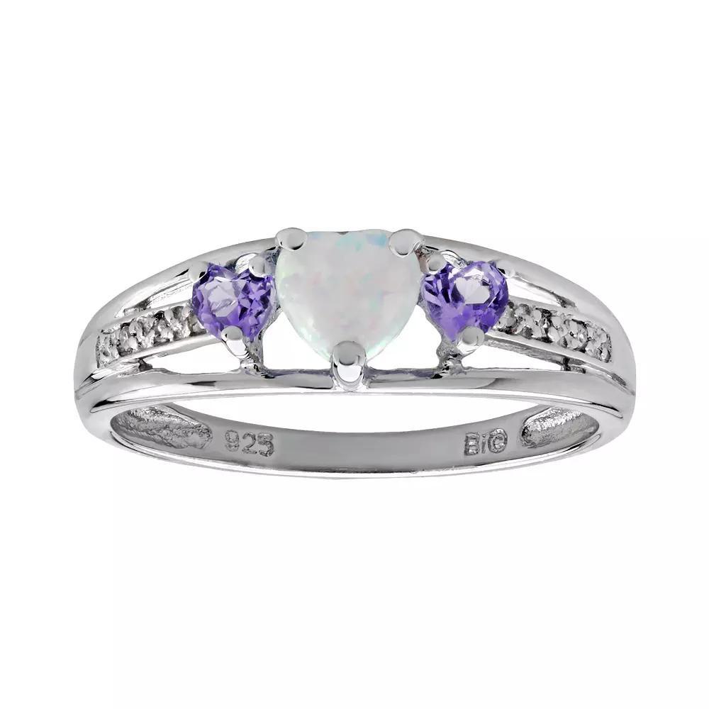 Gemminded Sterling Silver Lab-Created Opal, Amethyst and Diamond Accent Heart 3-Stone Ring, Women's, Size: 7, Purple Product Image