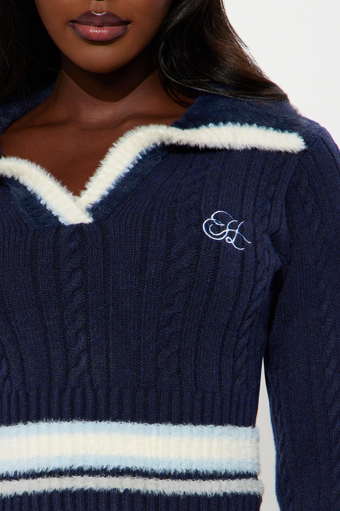 All The Gossip Varsity Polo Sweater - Navy/combo Product Image