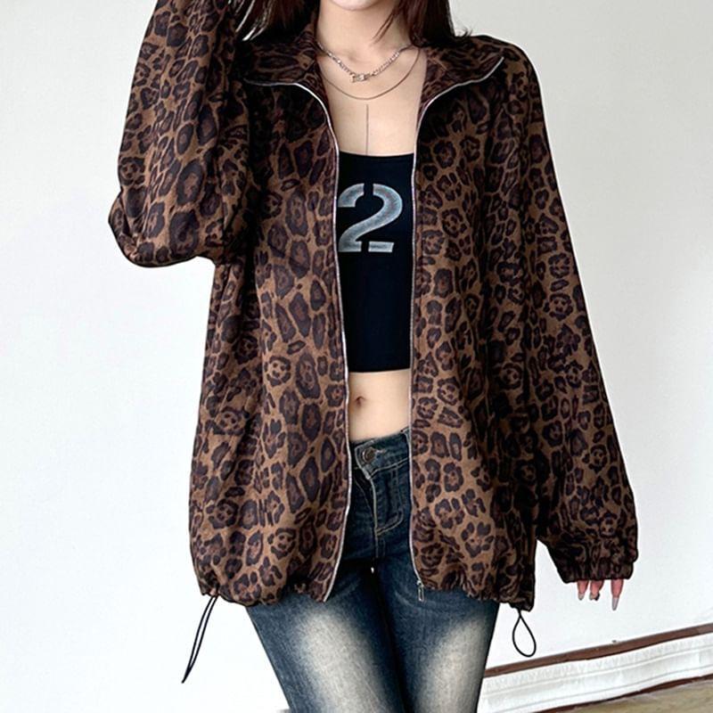 Stand Collar Leopard Print Zip Jacket Product Image