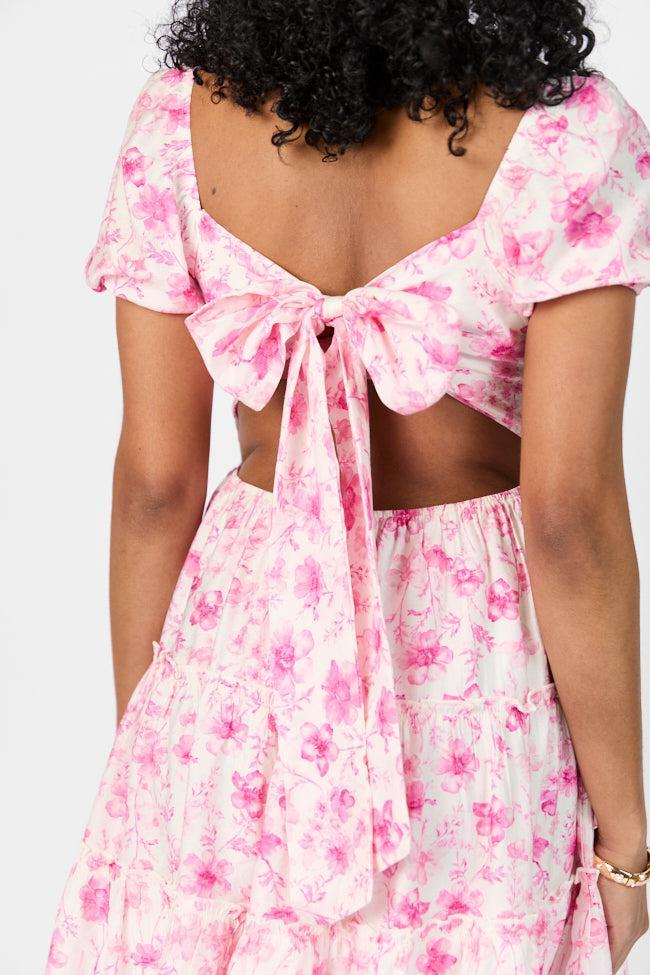 Calling Perfection Pink Floral Dress With Back Bow Detail SALE Product Image