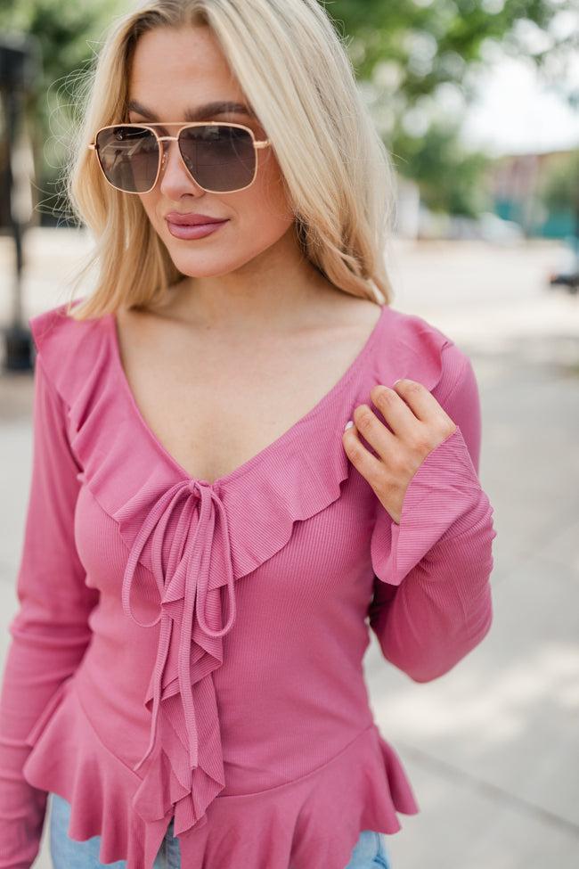 Treat You the Same Rose Ruffle Detail Ribbed Blouse FINAL SALE Product Image