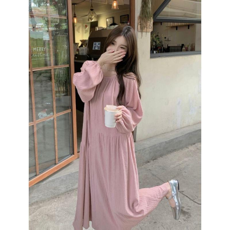 Long-Sleeve Round Neck Plain Cutout Midi A-Line Dress Product Image