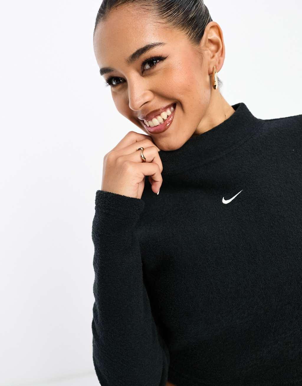 Nike Mini Swoosh Plush long sleeve top in black Product Image