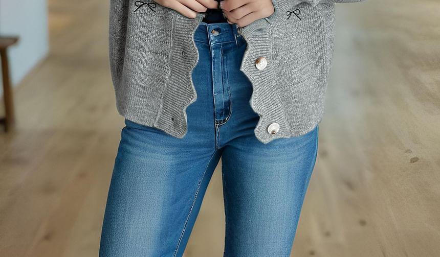 Bow Embroidered Scallop Trim Cardigan Product Image