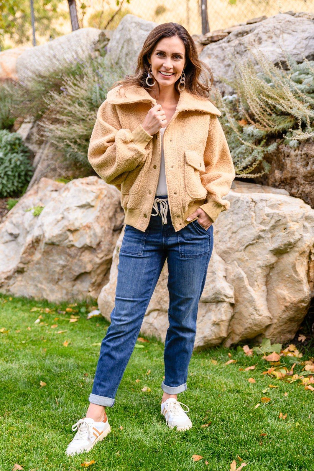 Don't Stress Oversized Collar Sherpa Jacket In Taupe (Online Exclusive) Female Product Image
