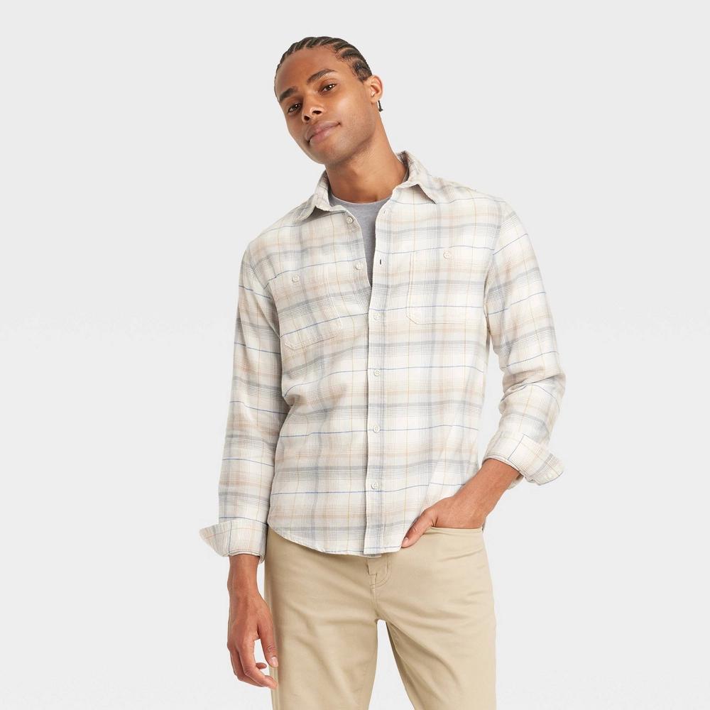 Mens Mid-Weight Flannel Long Sleeve Button-Down Shirt - Goodfellow & Co Cream XL Product Image