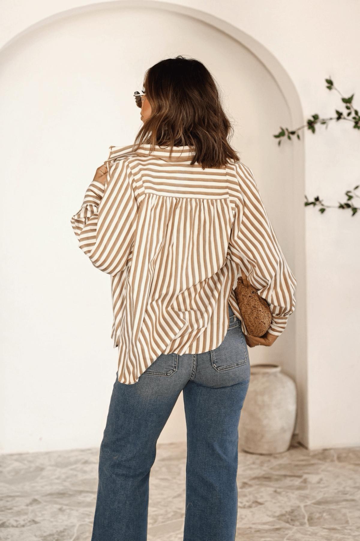 Muse By Magnolia Camel Striped Button Down Shirt - FINAL SALE Product Image