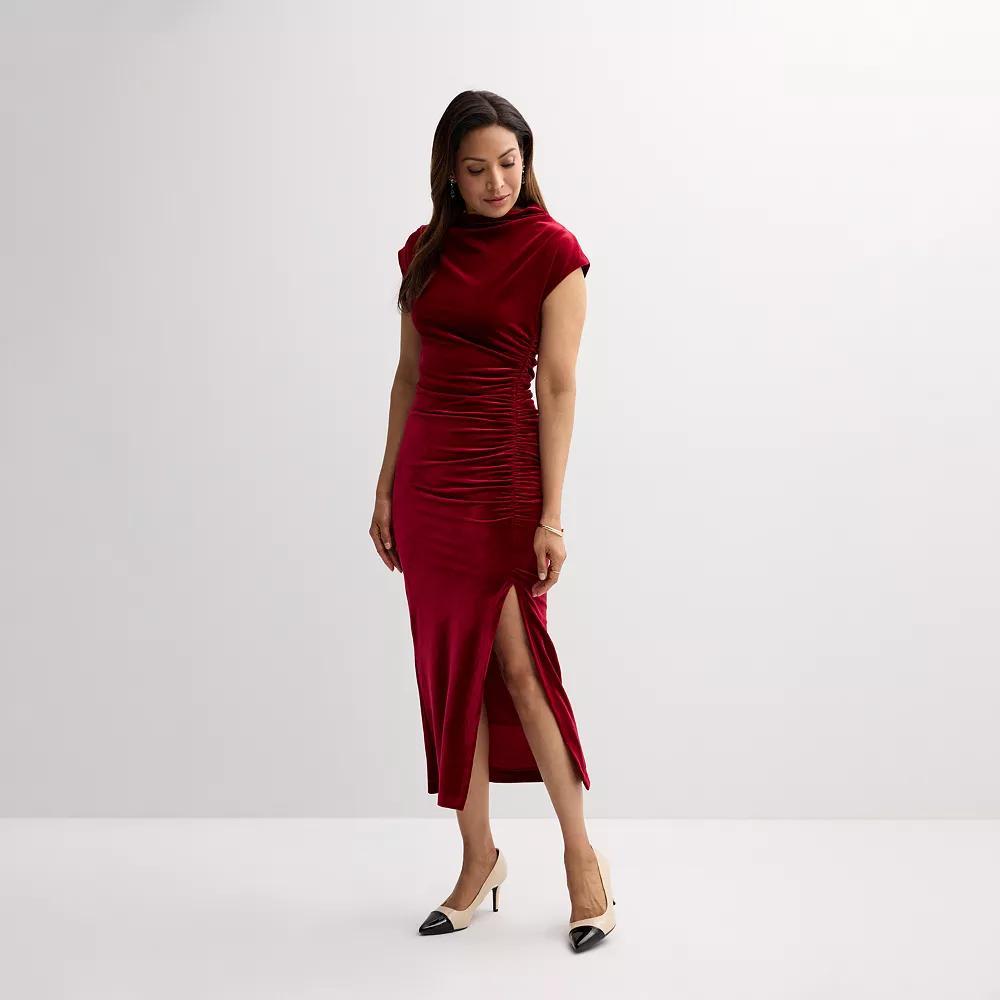 Women's Robbie Bee High Neck Ruched Velvet Midi Dress, Size: XXL, Red Product Image