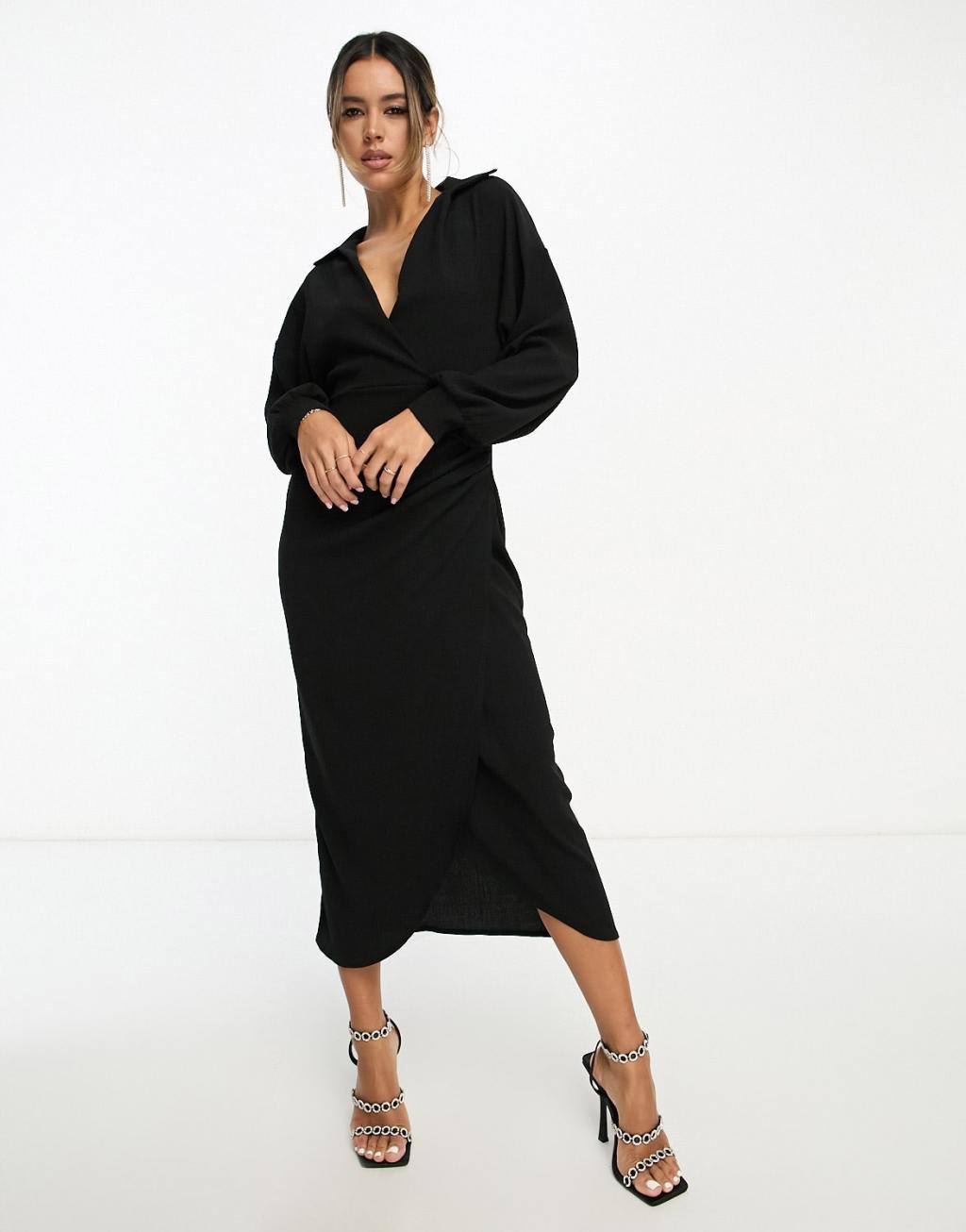 ASOS DESIGN textured collared wrap midi dress Product Image