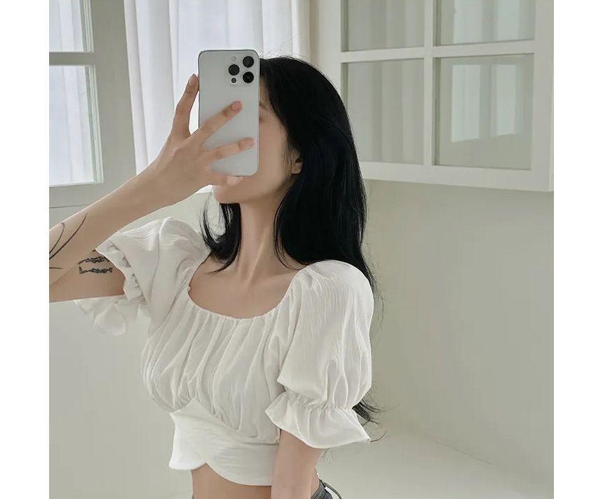 Short-Sleeve Square Neck Plain Crop Blouse Product Image