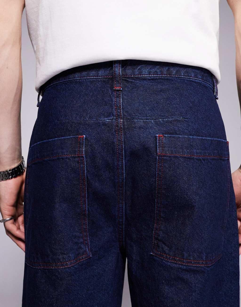 ASOS DESIGN super baggy jeans in dark wash blue with red contrast stitch Product Image