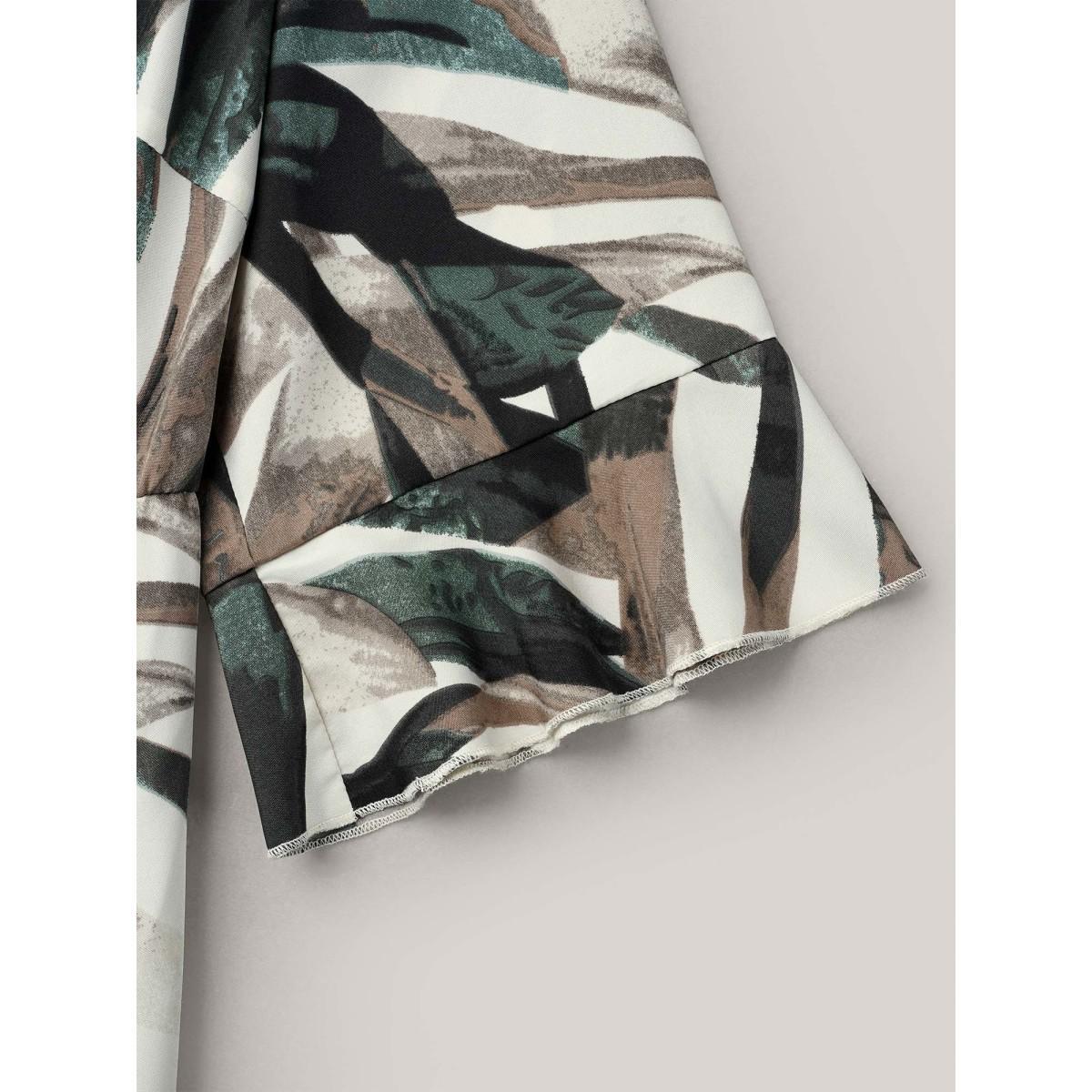 Plus Size Abstract Print Lotus Leaf Cuff Pockets Dress DarkBrown Women Elegant Ruffles Overlap Collar Elbow-length sleeve Curvy BloomChic 22-24/3X Product Image