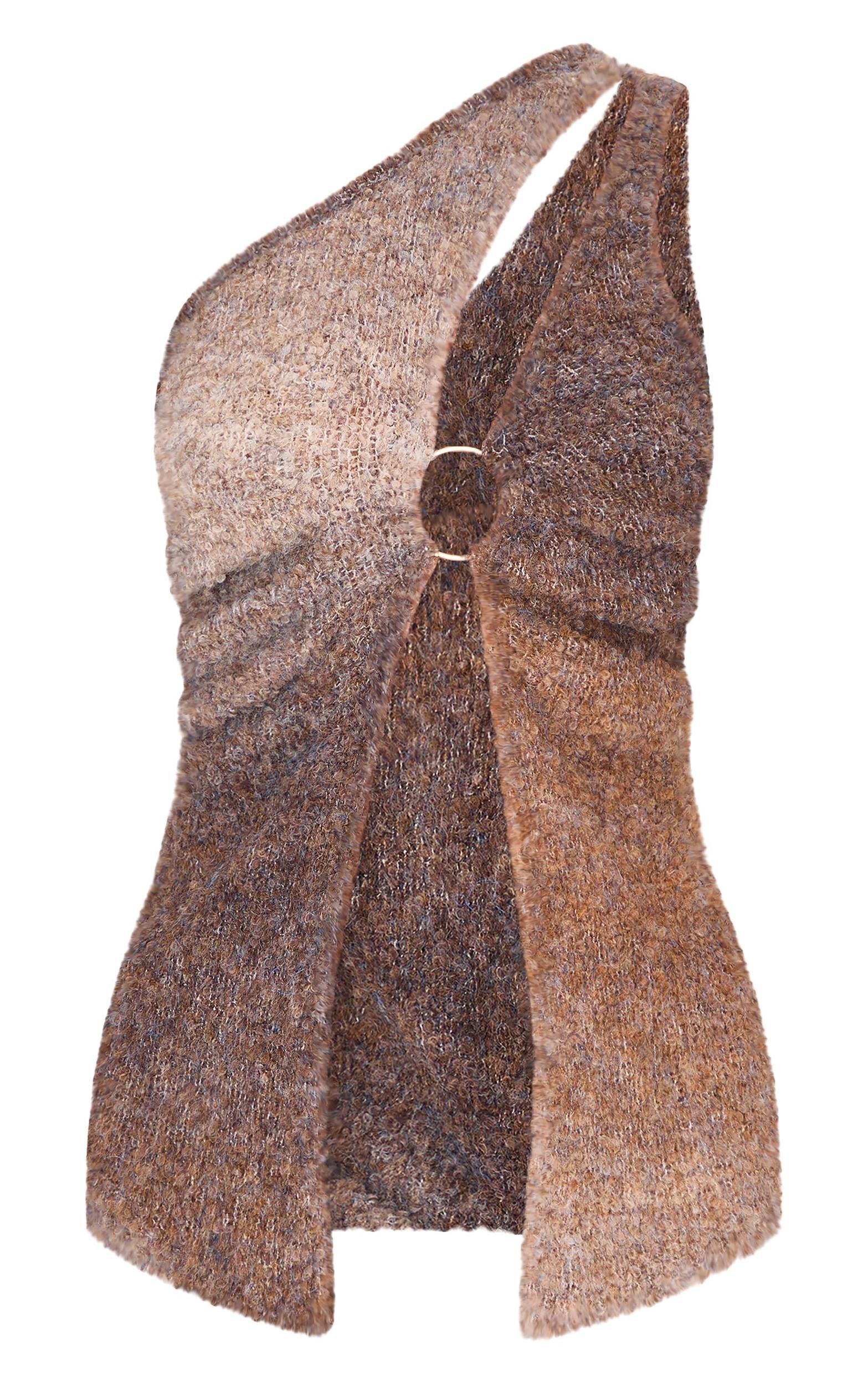 Mocha Stripe Textured Knit O Ring Asymmetric Cut Out Top Product Image