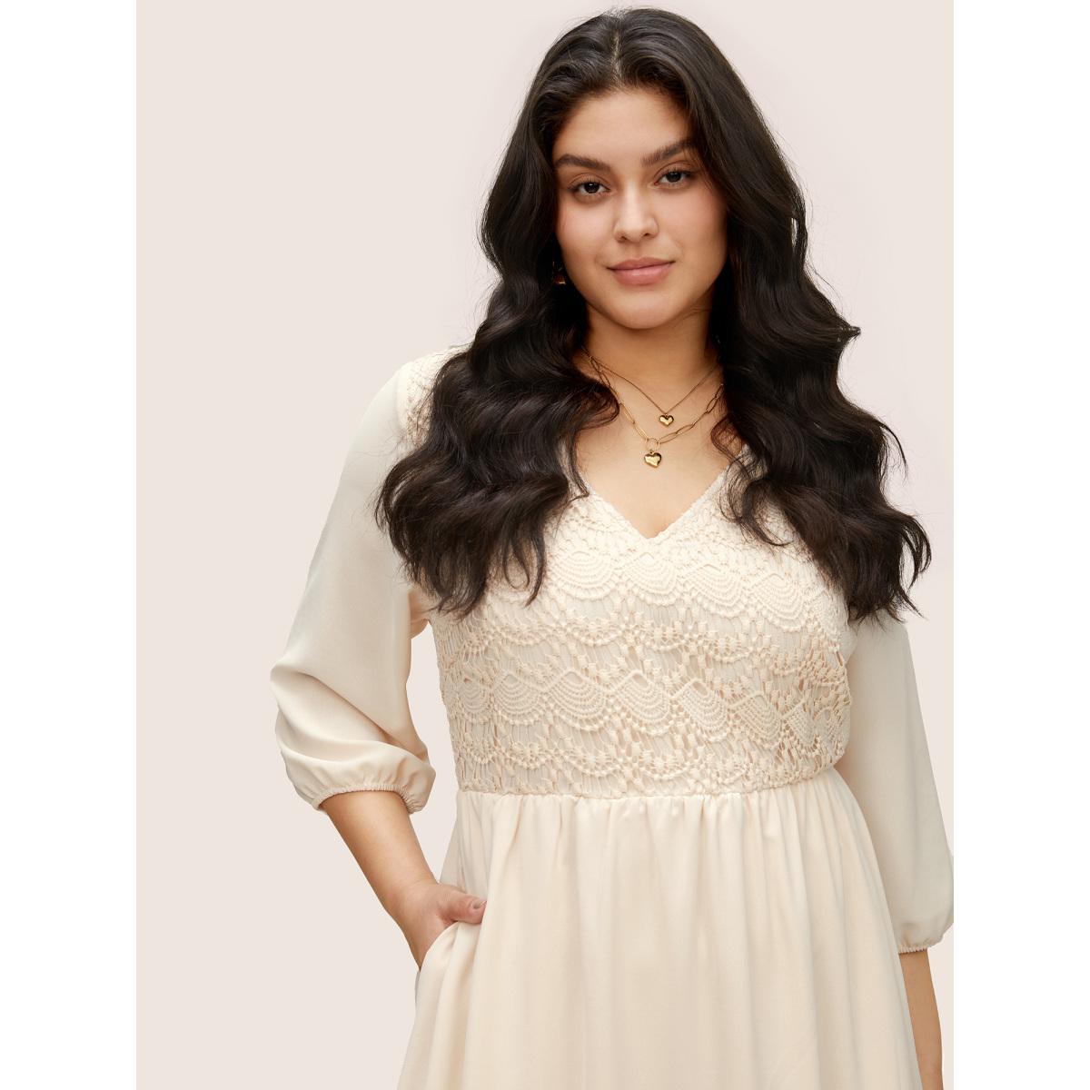 Plus Size Guipure Lace Lantern Sleeve Elastic Waist Dress Apricot Women Resort Non V-neck Elbow-length sleeve Curvy Midi Dress BloomChic 26/4X Product Image
