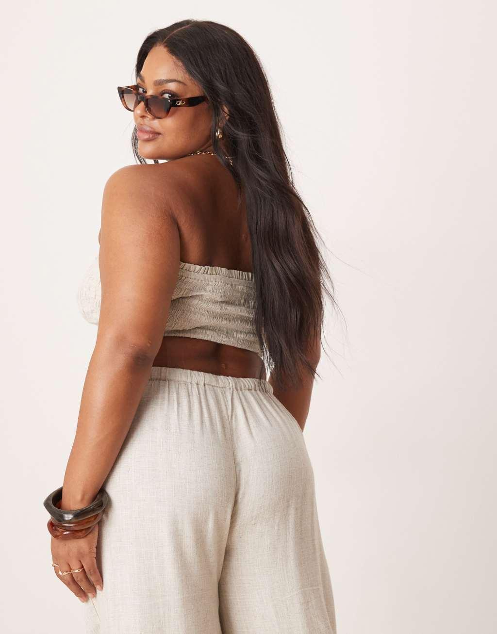 ASOS DESIGN Curve Isabel mix & match linen blend shirred bandeau beach top in natural Product Image