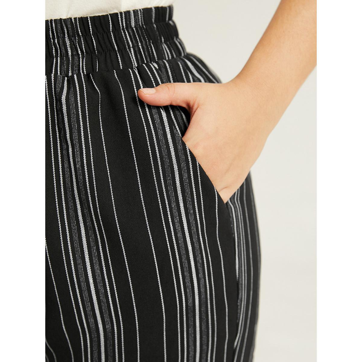 Plus Size Striped Elastic Waist Straight Leg Pants Women Black Casual Straight Leg High Rise Dailywear Pants BloomChic 14-16/1X Product Image