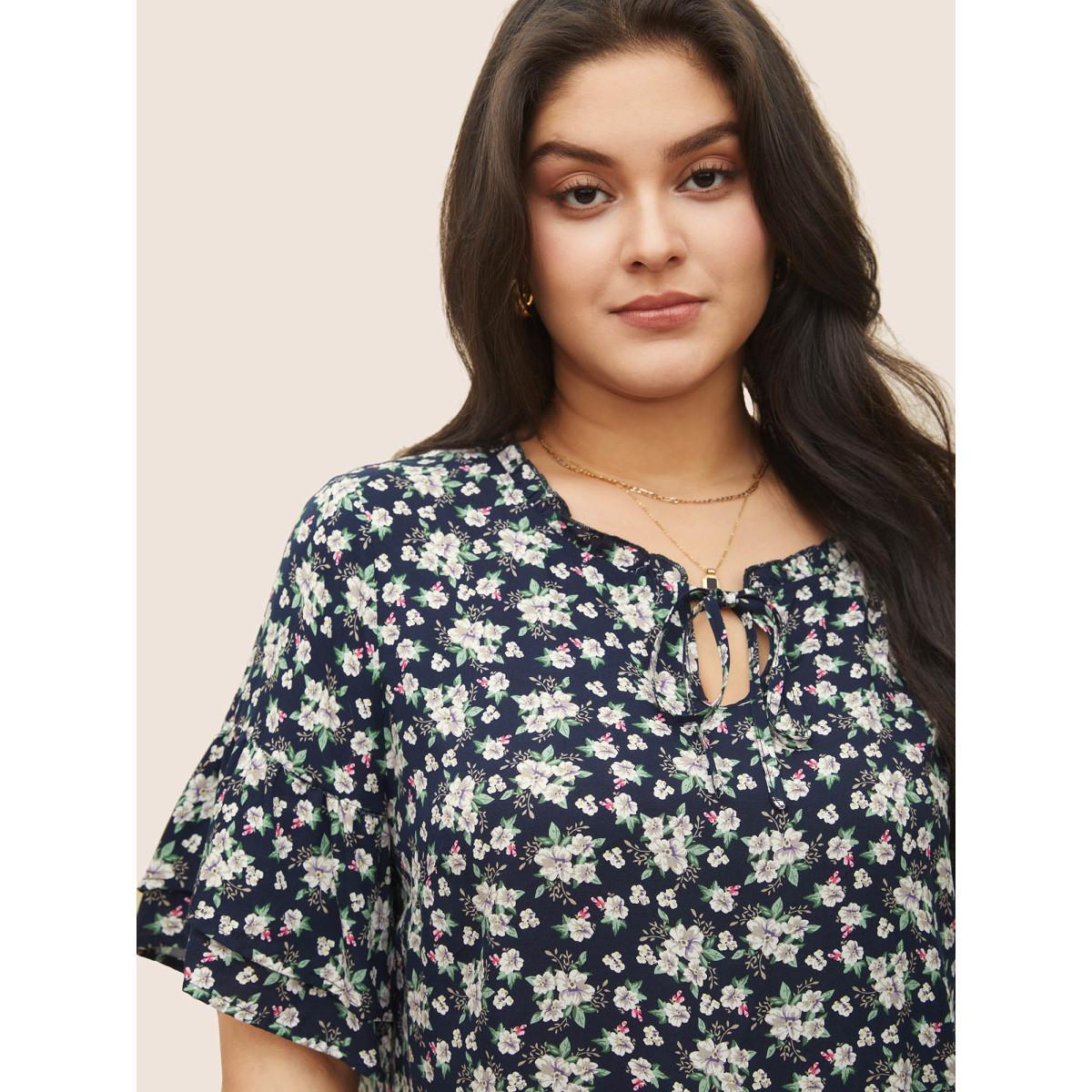Plus Size Indigo Floral Print Cross Straps Frill Trim Blouse Women Elegant Half Sleeve Ribbon-tied collar Everyday Blouses BloomChic 26/4X Product Image
