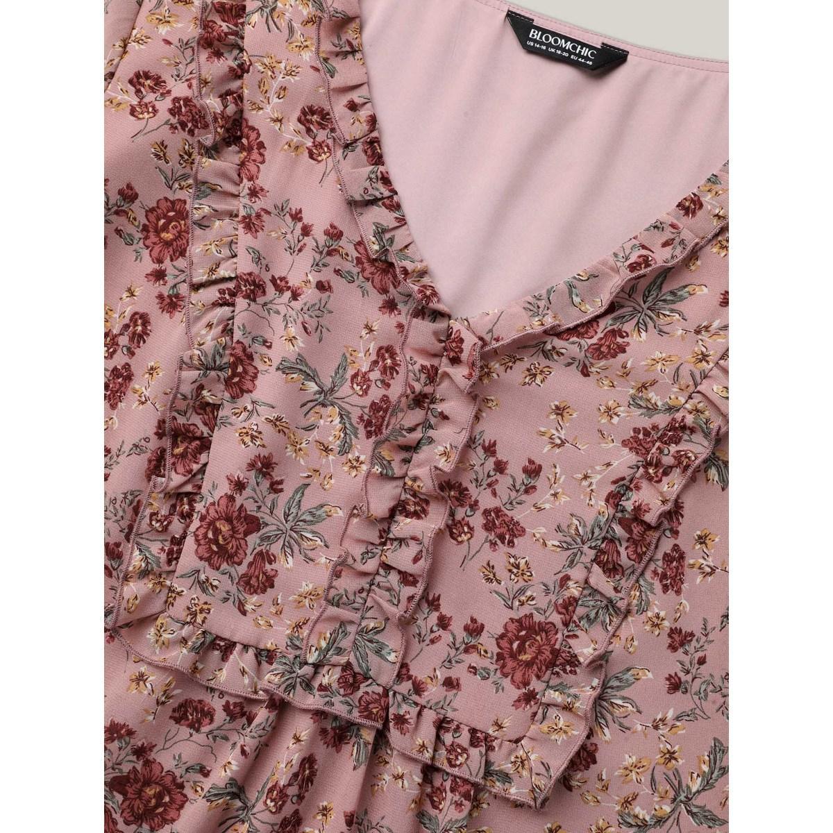 Plus Size Rouge Chiffon Floral Print Ruffled Neck Flowy Shirt Women Elegant Elbow-length sleeve V-neck Everyday Blouses BloomChic 10/M Product Image