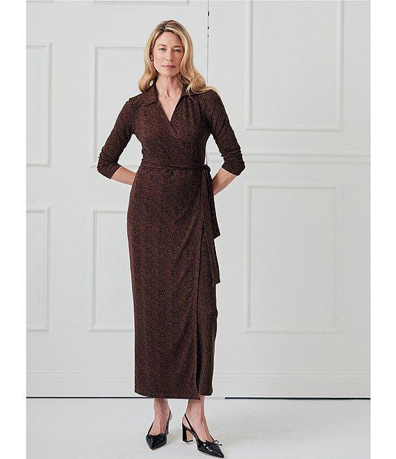 J.McLaughlin Printed Knit Reversible Point Collar V-Neck 3/4 Sleeve Wrap Dress Product Image