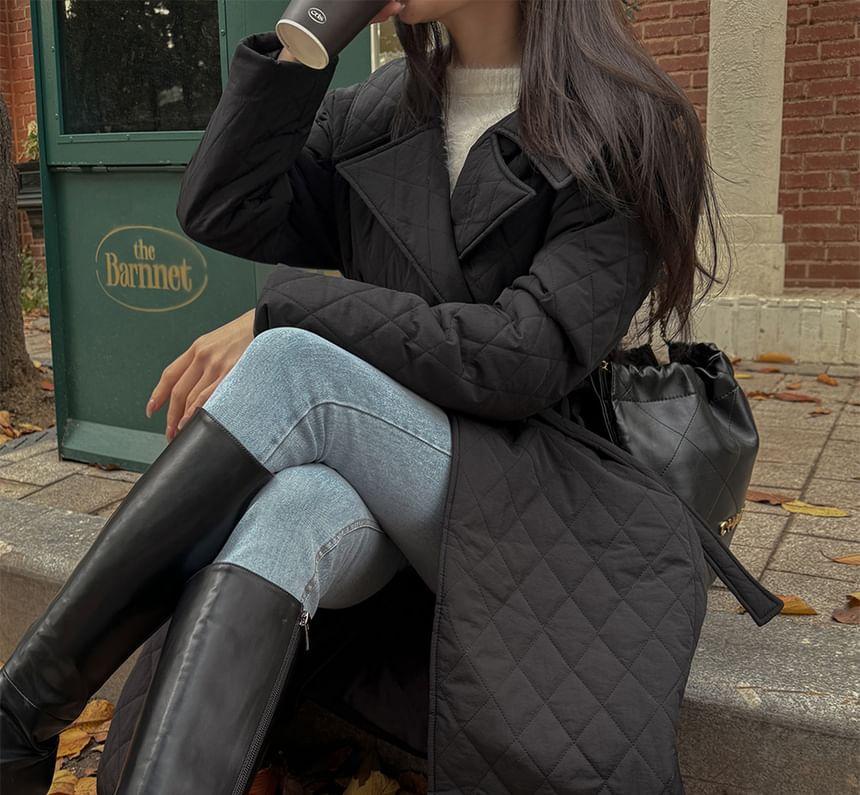 Long Sleeve Lapel Neck Quilted Belted Long Coat Product Image