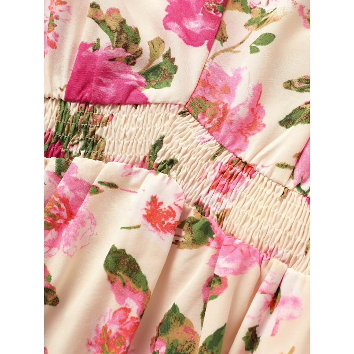 Plus Size V Neck Floral Shirred Flutter Sleeve Dress Ivory Women Elegant Shirred V-neck Short sleeve Curvy BloomChic 14-16/1X Product Image