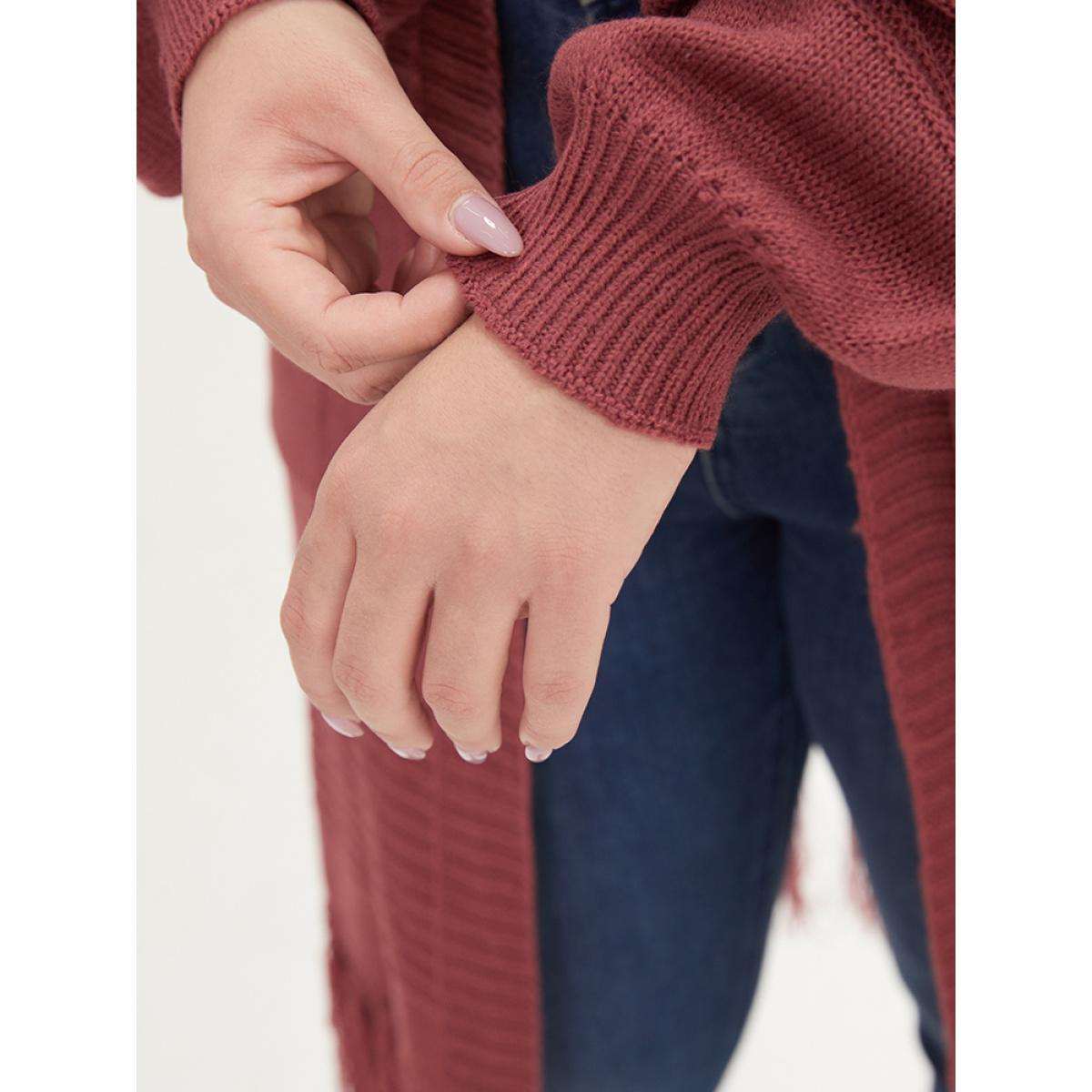 Plus Size Plain Fringe Trim Patched Pocket Cardigan Russet Women Casual Loose Long Sleeve Dailywear Cardigans BloomChic 30/6X Product Image
