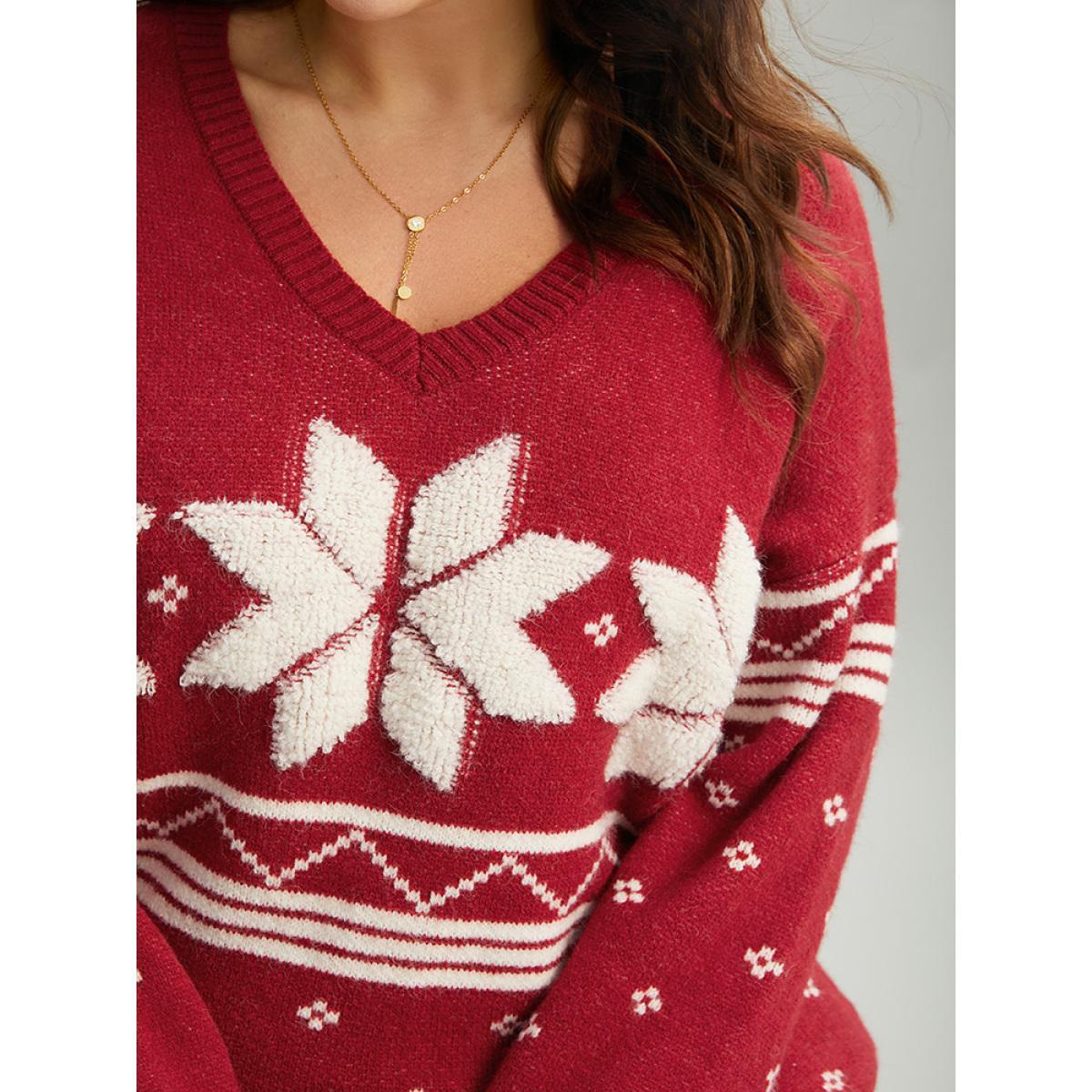 Plus Size Supersoft Essentials Towel Embroidered Snowflake Pullover Scarlet Women Casual Loose Long Sleeve V-neck Festival-Christmas Pullovers BloomChic 30/6X Product Image