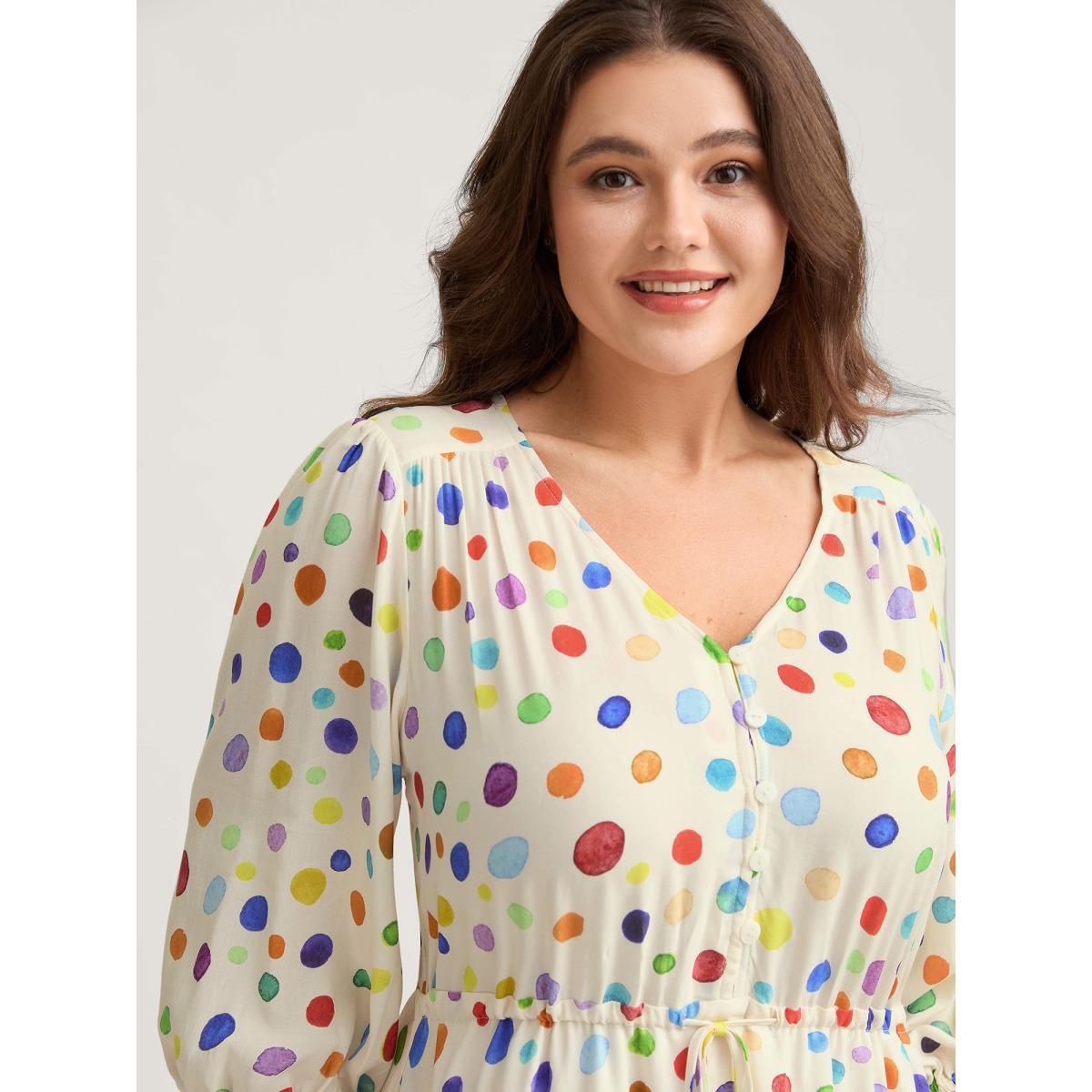 Plus Size Colorful Polka Dots Waist Drawstring Midi Dress Beige Women V-neck Elbow-length sleeve Curvy BloomChic 12/L Product Image