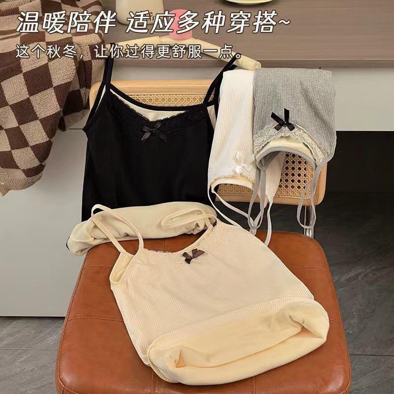 V-Neck Bow Accent Lace Trim Fleece-Lined Cami Top Product Image
