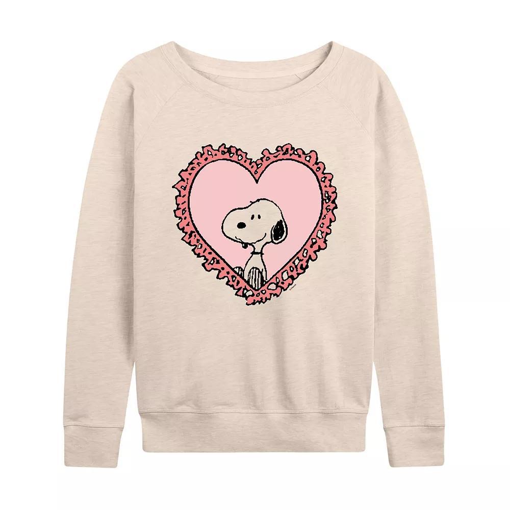 Women's Peanuts Snoopy Heart Frame French Terry Long Sleeve Tee, Size: Medium, Beige Product Image