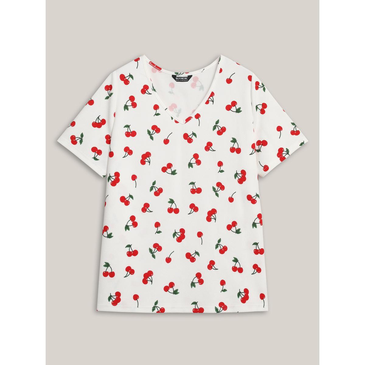 Plus Size Cherry Print Stretchy V-Neck T-Shirt WhiteSmoke Women Casual Non Fruit V-neck Everyday T-shirts BloomChic 28/5X Product Image