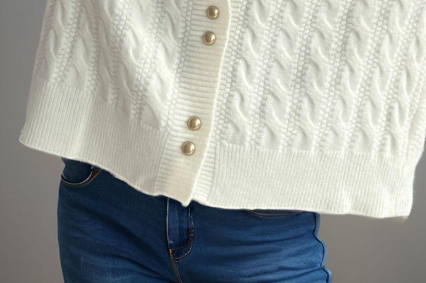 Crew Neck Plain Cable Knit Button-Up Cardigan Product Image