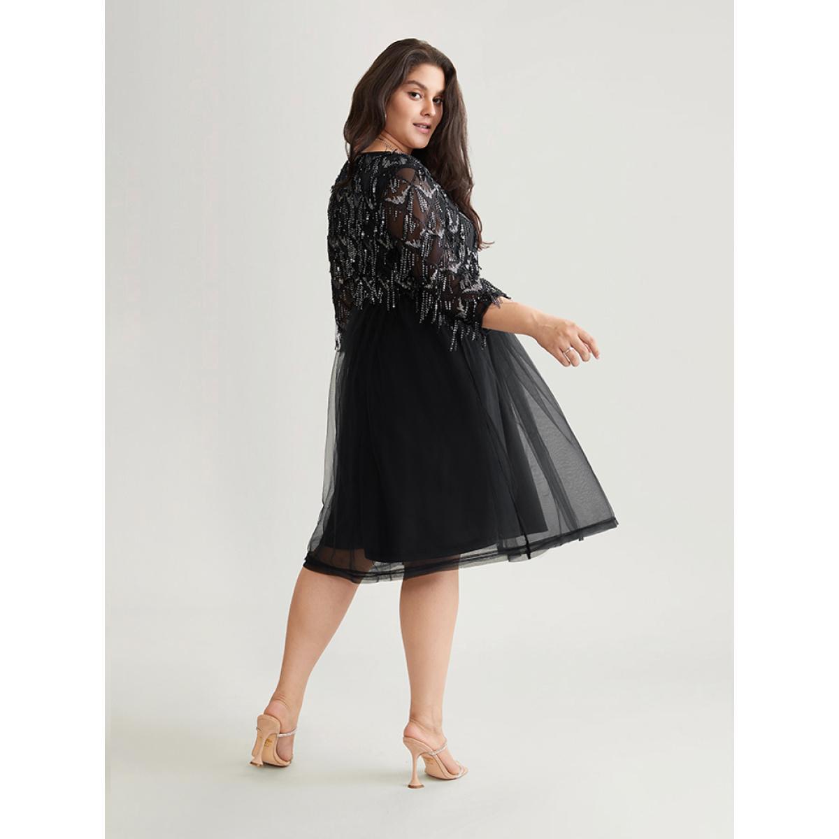 Plus Size Sequin Tassels Plisse Patchwork Mesh Knee Dress Black Women Cocktail Sequin V-neck Elbow-length sleeve Curvy Midi Dress BloomChic 26/4X Product Image