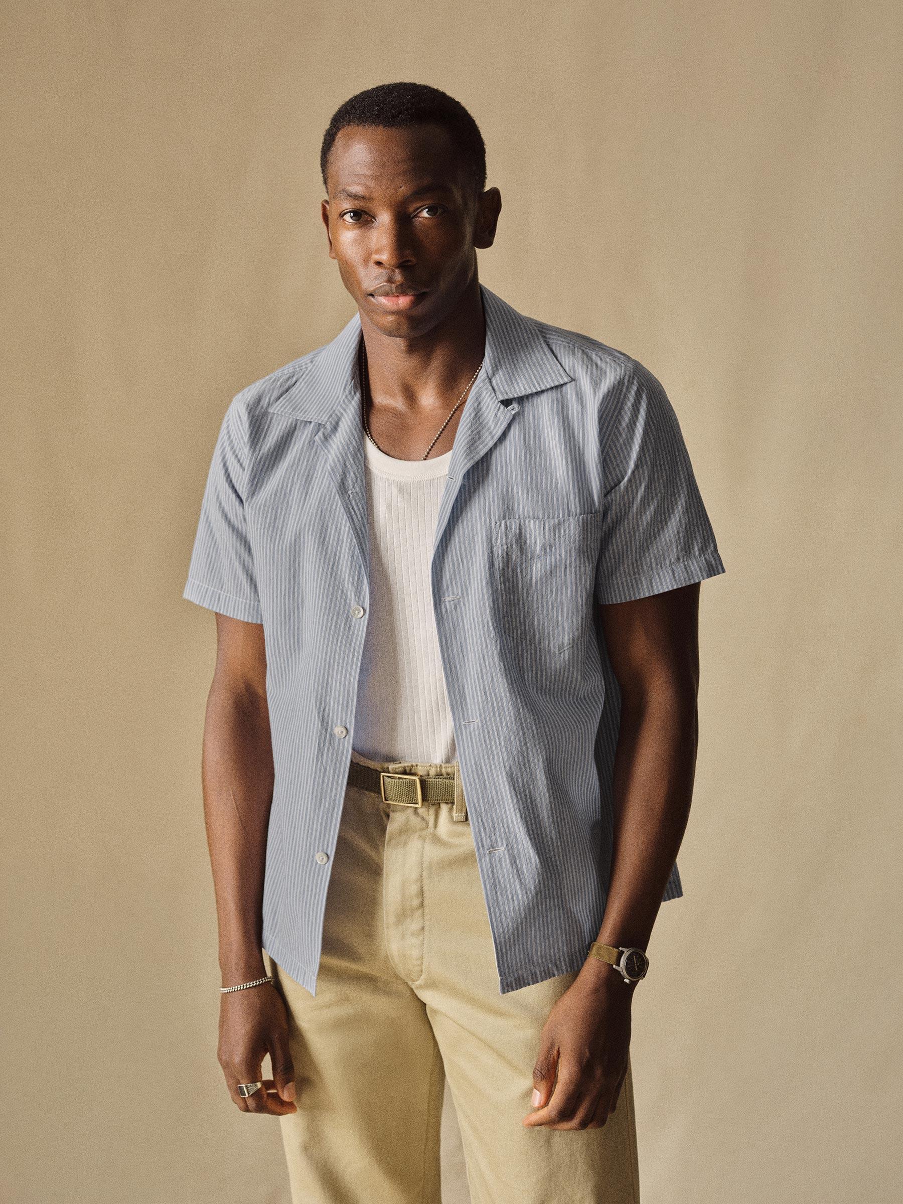French Blue/White Double Stripe Wornwell One Pocket Shirt Product Image