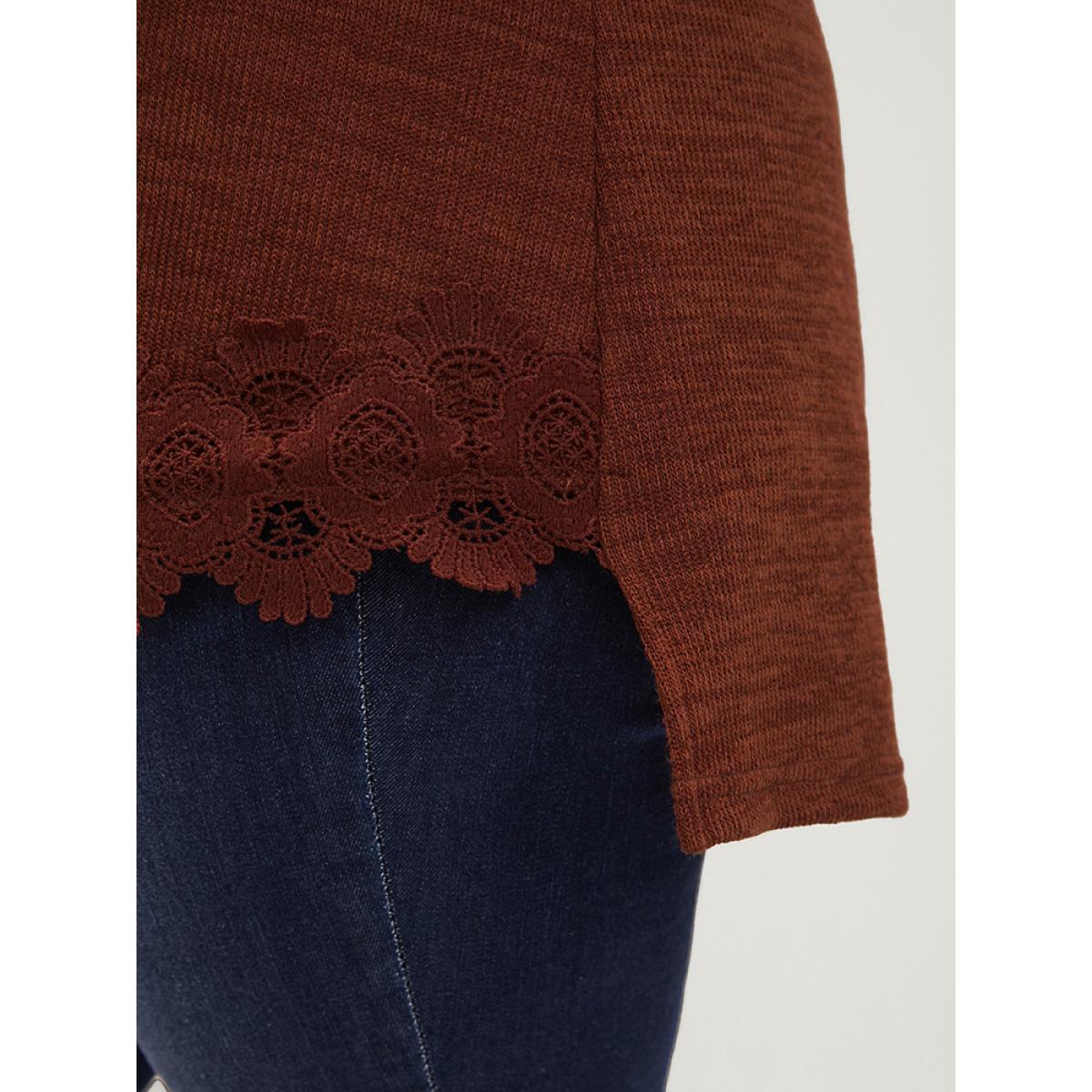 Plus Size Solid Lace Asymmetrical Hem Funnel Neck Sweatshirt Women Russet Elegant Patchwork Turtleneck Dailywear Sweatshirts BloomChic 10/M Product Image