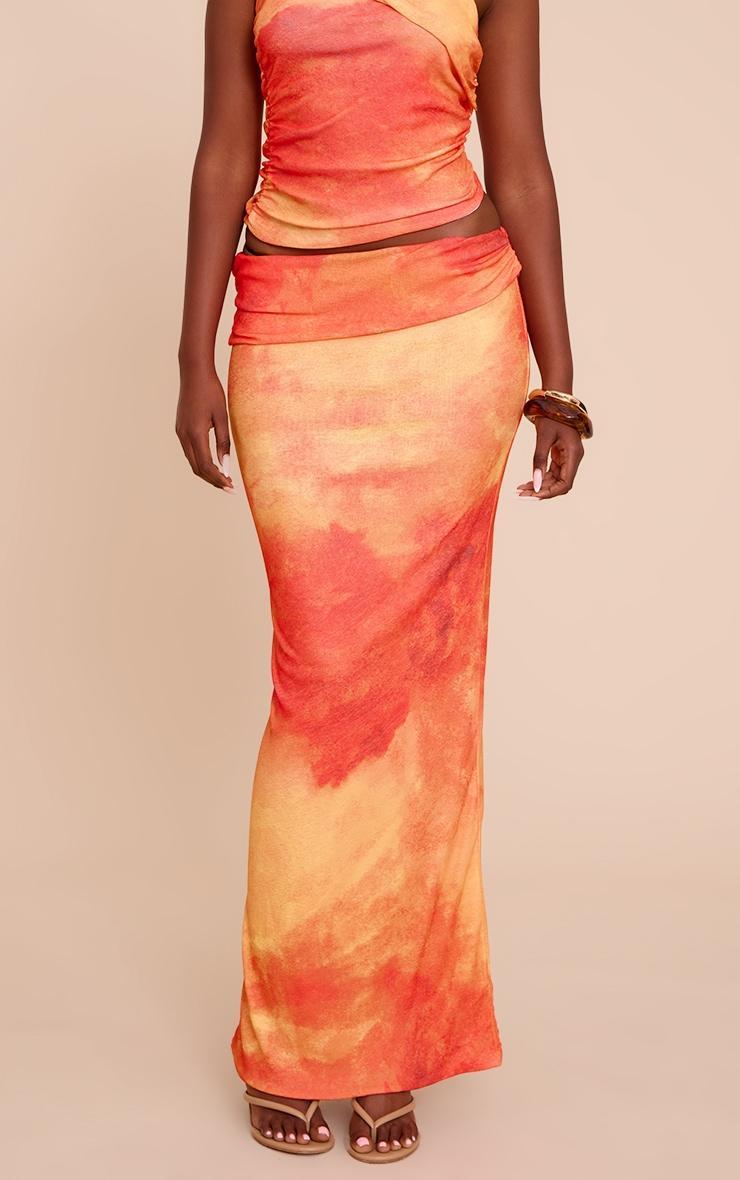Orange Abstract Print Onion Skin Low Waist Maxi Skirt Product Image