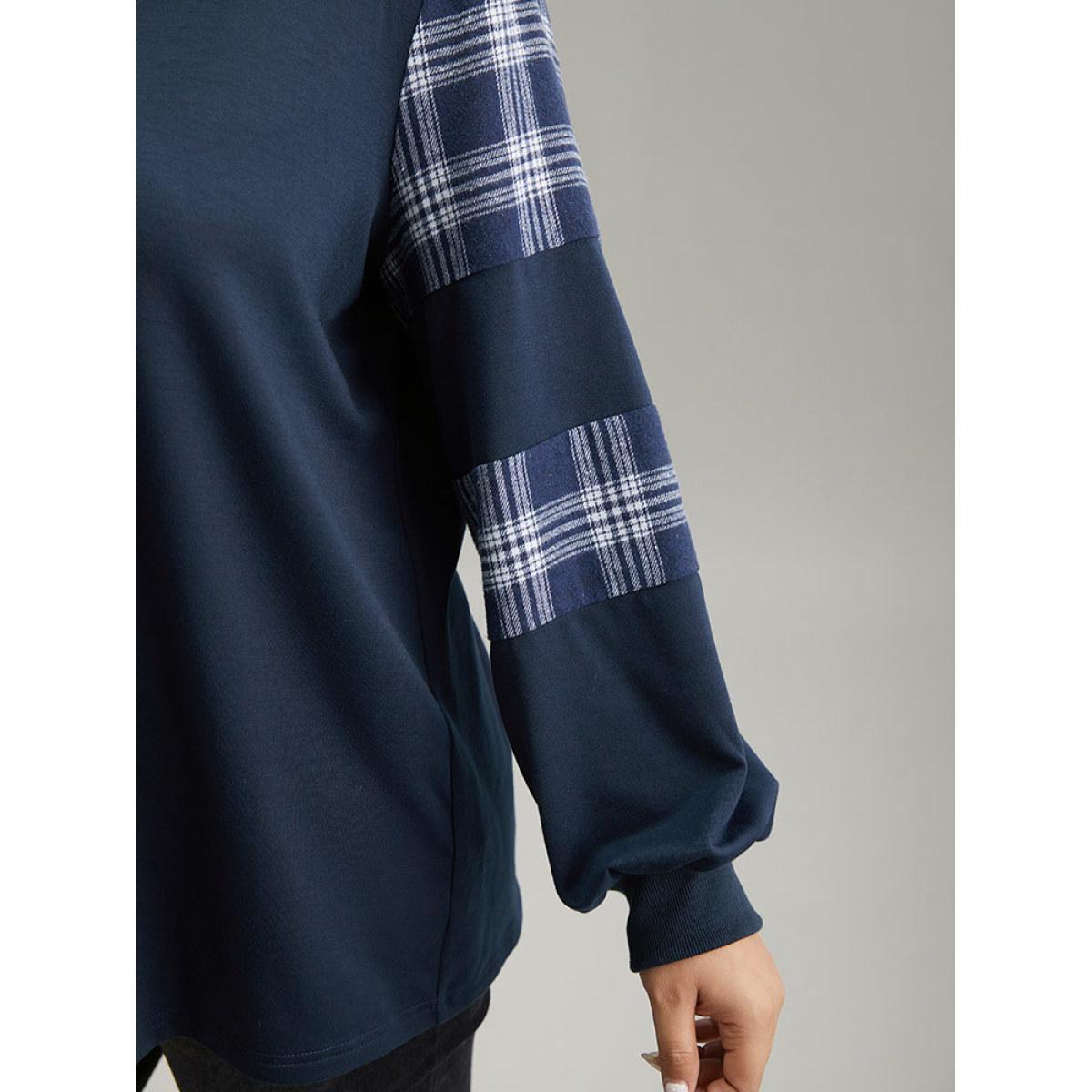 Plus Size Plaid Patchwork Button Up Rib Knit Sweatshirt Women Indigo Casual Elastic cuffs Open Front Dailywear Sweatshirts BloomChic 28/5X Product Image